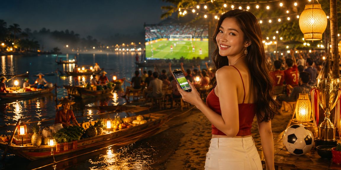 Người dùng xem kèo bóng đá và cá cược qua điện thoại tại chợ đêm Đà Lạt se lạnh về tối