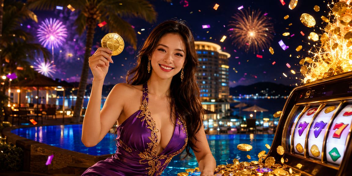 Lễ hội trò chơi slot sôi động tại Nha Trang về đêm với ánh đèn neon rực rỡ