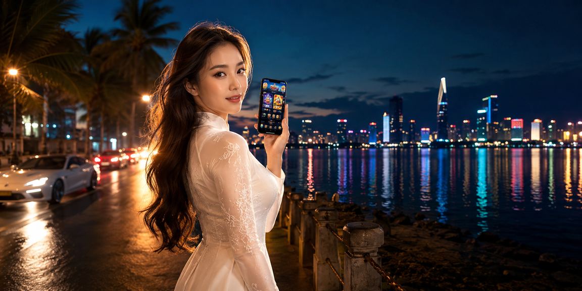 Không gian casino cá cược Việt Nam về đêm với ánh đèn lung linh và bàn cược sôi động